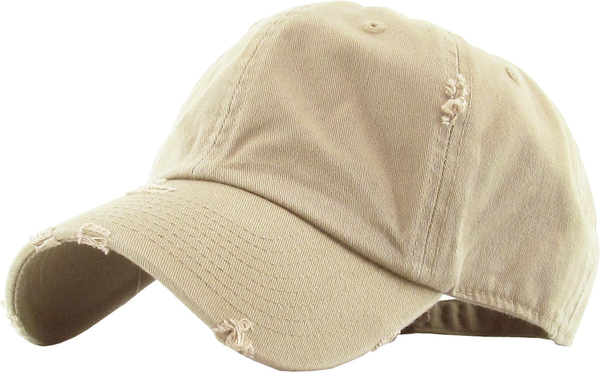 Pigment Washed Khaki Distressed Vintage Baseball Cap Front Side View
